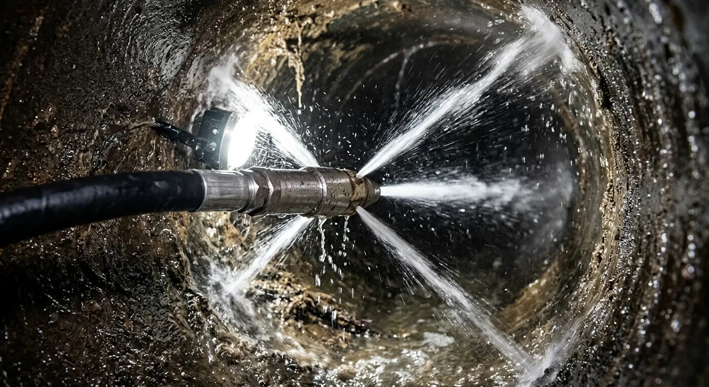 High-pressure hydro jetting nozzle cleaning sewer pipe for Emergency Drain Service in Johns Creek