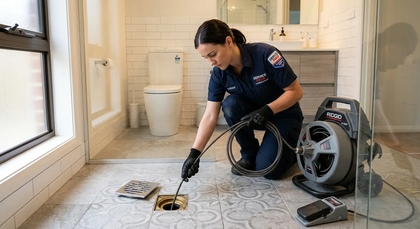 Technician clearing a bathroom floor drain for Sewer Line Installation in Johns Creek